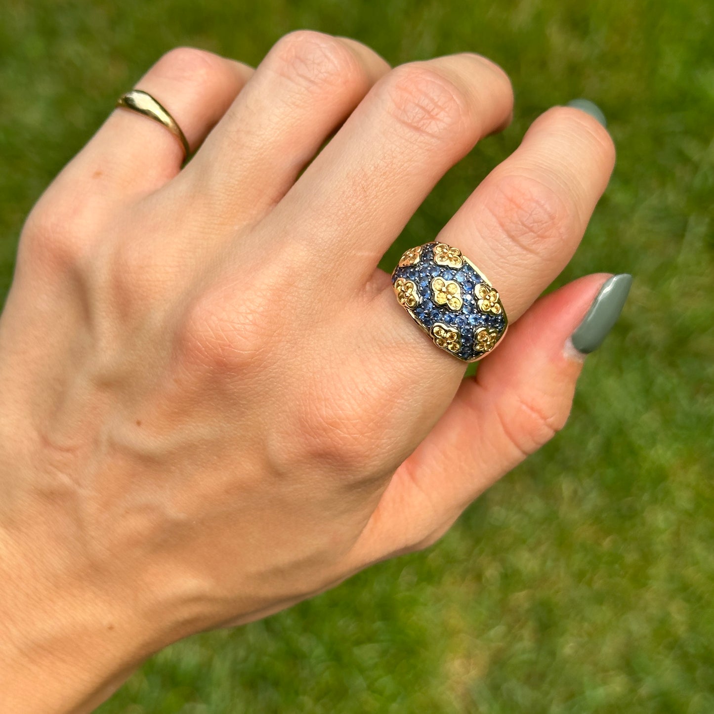 Estate 14KT Yellow Gold Blue Sapphire + Yellow Diamond Dome Ring