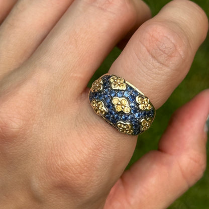 Estate 14KT Yellow Gold Blue Sapphire + Yellow Diamond Dome Ring
