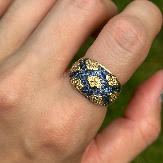 Estate 14KT Yellow Gold Blue Sapphire + Yellow Diamond Dome Ring