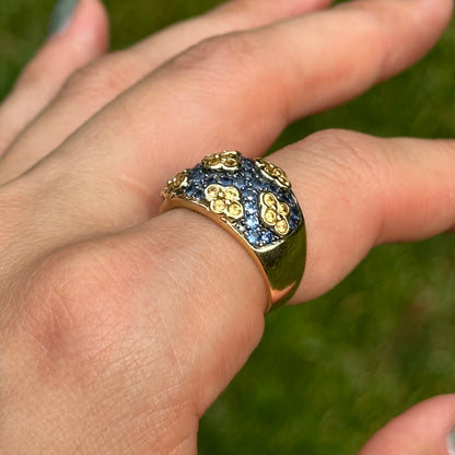 Estate 14KT Yellow Gold Blue Sapphire + Yellow Diamond Dome Ring