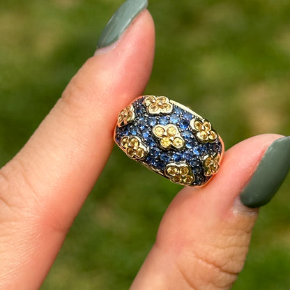 Estate 14KT Yellow Gold Blue Sapphire + Yellow Diamond Dome Ring