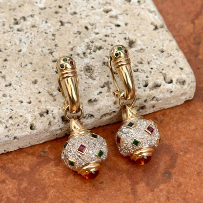 Estate Etruscan 14KT Yellow Gold Pave Diamond + Gemstones Dangle Earrings