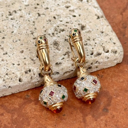 Estate Etruscan 14KT Yellow Gold Pave Diamond + Gemstones Dangle Earrings