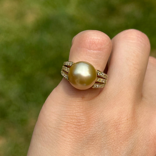 Estate 18KT Yellow Gold Golden Pearl + Diamond Ring