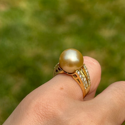 Estate 18KT Yellow Gold Golden Pearl + Diamond Ring