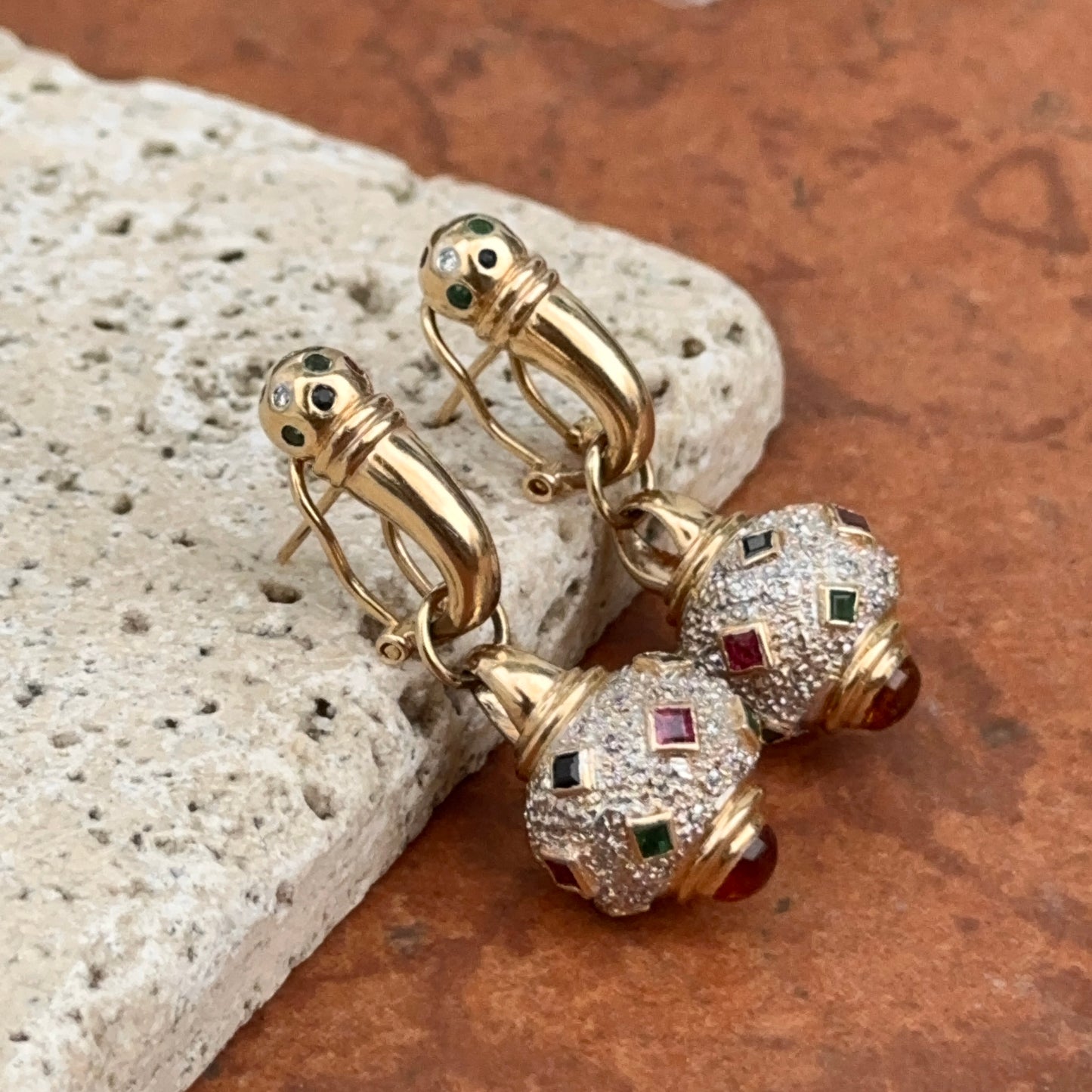 Estate Etruscan 14KT Yellow Gold Pave Diamond + Gemstones Dangle Earrings