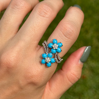 Estate 14KT White Gold Cabochon Turquoise + Diamond Flower Ring