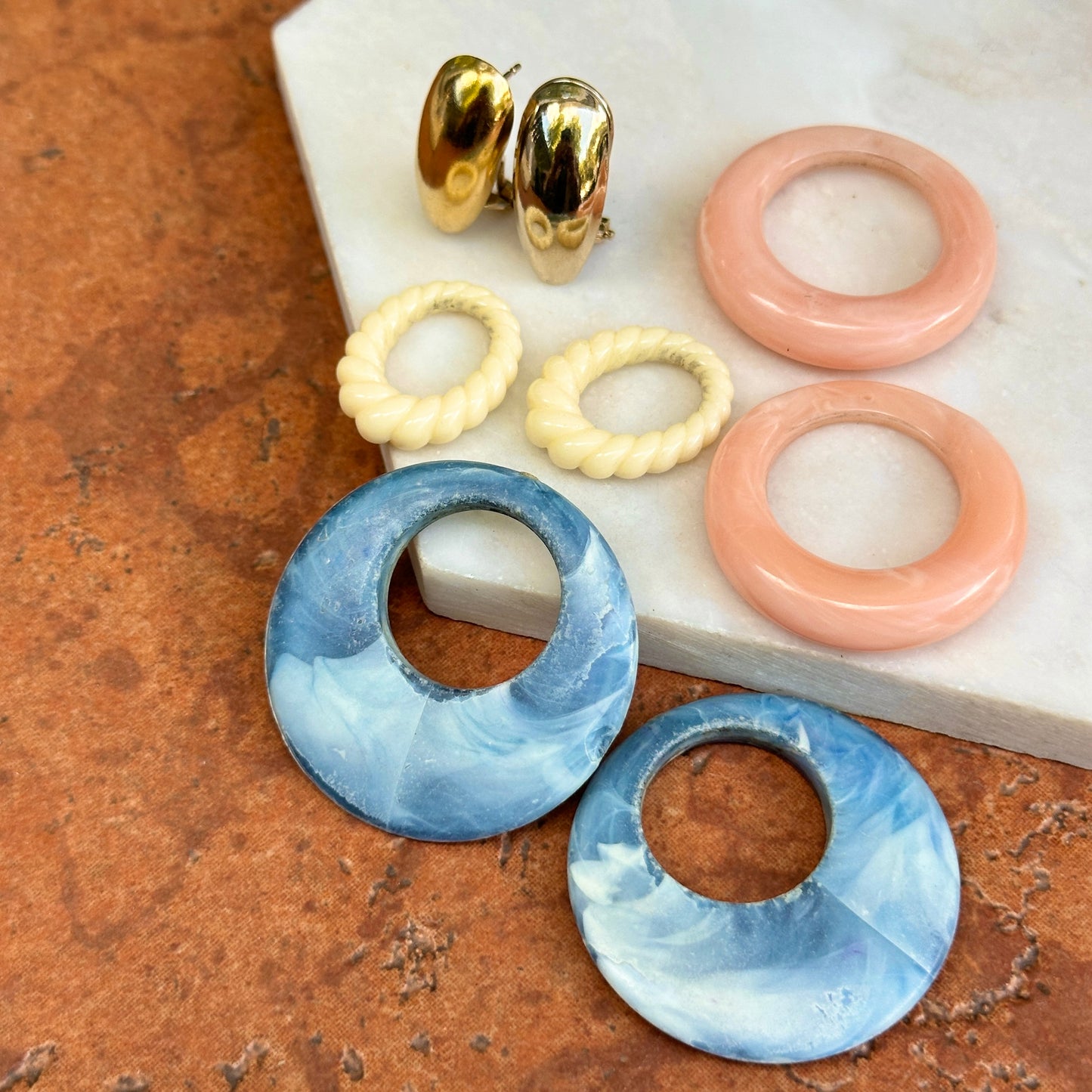 Yellow Gold Tone Shiny Omega Back Pierced Earrings + Set of 3 Earring Charms