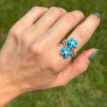 Estate 14KT White Gold Cabochon Turquoise + Diamond Flower Ring