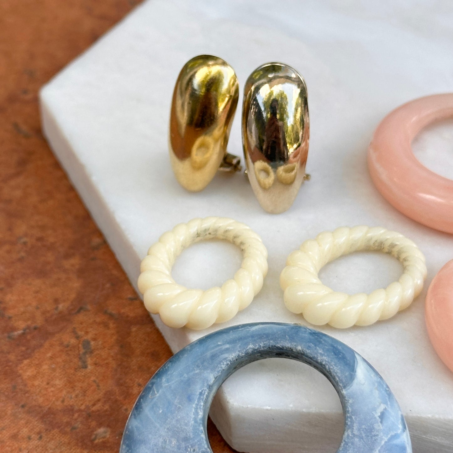 Yellow Gold Tone Shiny Omega Back Pierced Earrings + Set of 3 Earring Charms