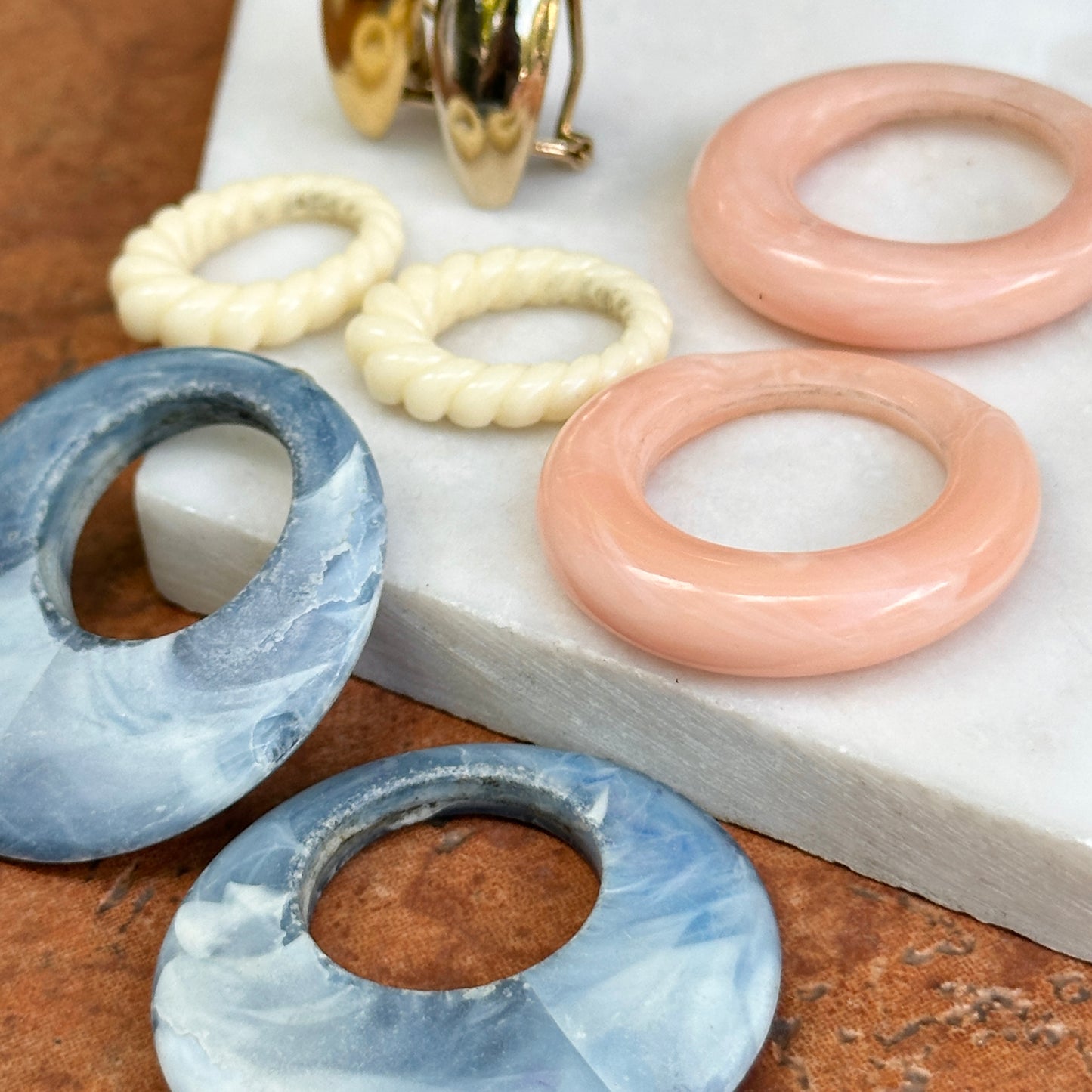 Yellow Gold Tone Shiny Omega Back Pierced Earrings + Set of 3 Earring Charms