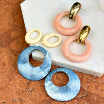 Yellow Gold Tone Shiny Omega Back Pierced Earrings + Set of 3 Earring Charms