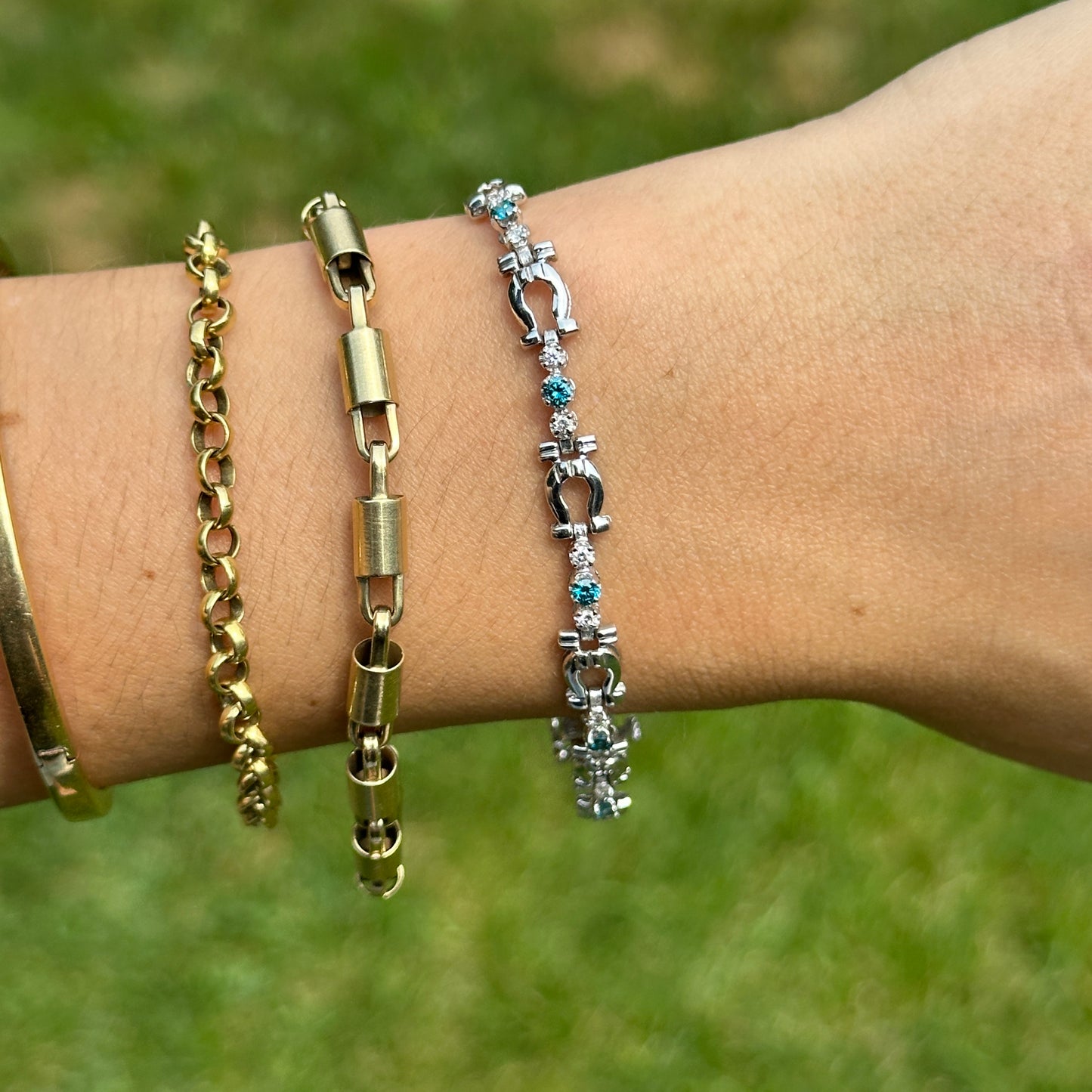 Estate 14KT White Gold Blue + White Diamond Horse Bit Link Bracelet