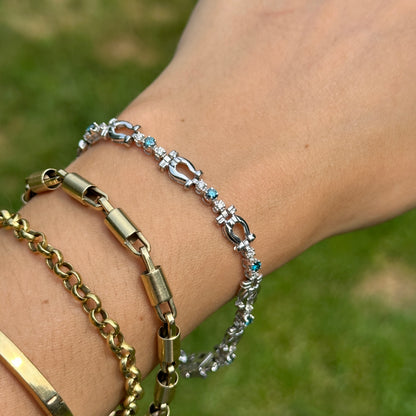 Estate 14KT White Gold Blue + White Diamond Horse Bit Link Bracelet