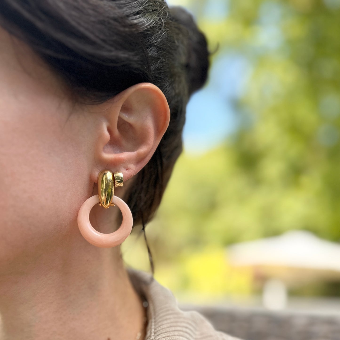 Yellow Gold Tone Shiny Omega Back Pierced Earrings + Set of 3 Earring Charms