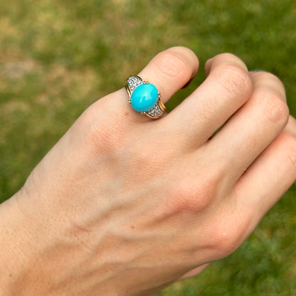 Estate 14KT Yellow Gold Oval Turquoise + Diamond Band Ring