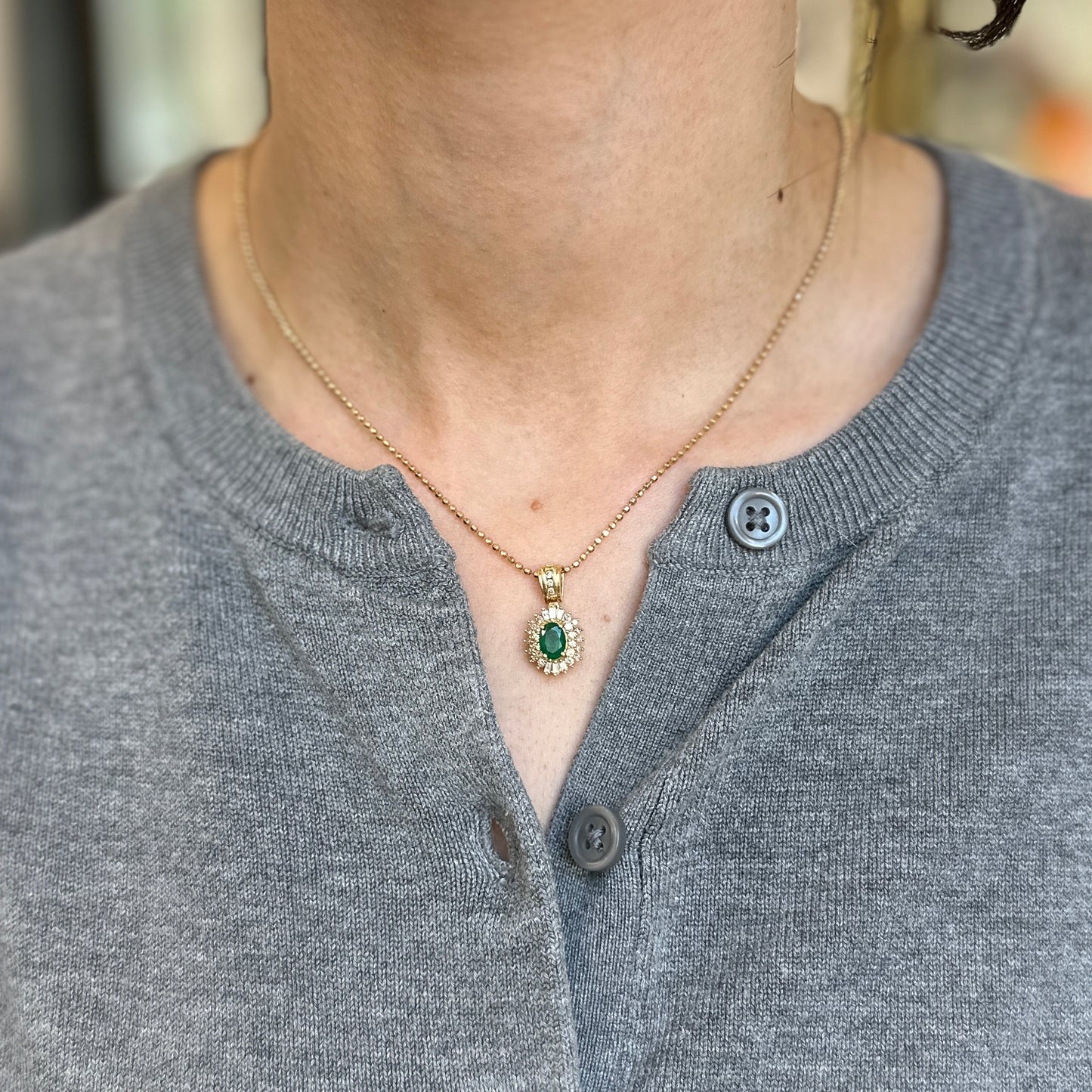 Estate 14KT Yellow Gold Oval Faceted Emerald + Diamond Pendant