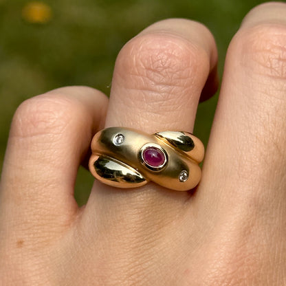 Estate 14KT Yellow Gold Oval Ruby + Diamond Matte Dome Ring