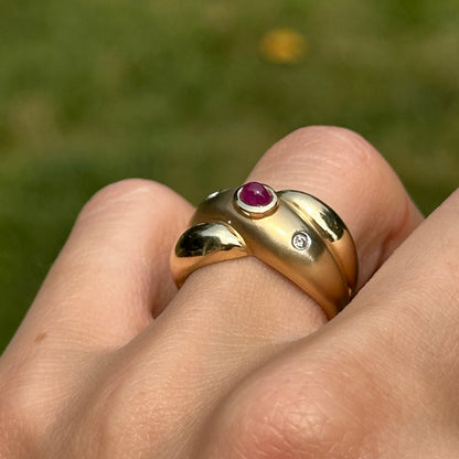 Estate 14KT Yellow Gold Oval Ruby + Diamond Matte Dome Ring