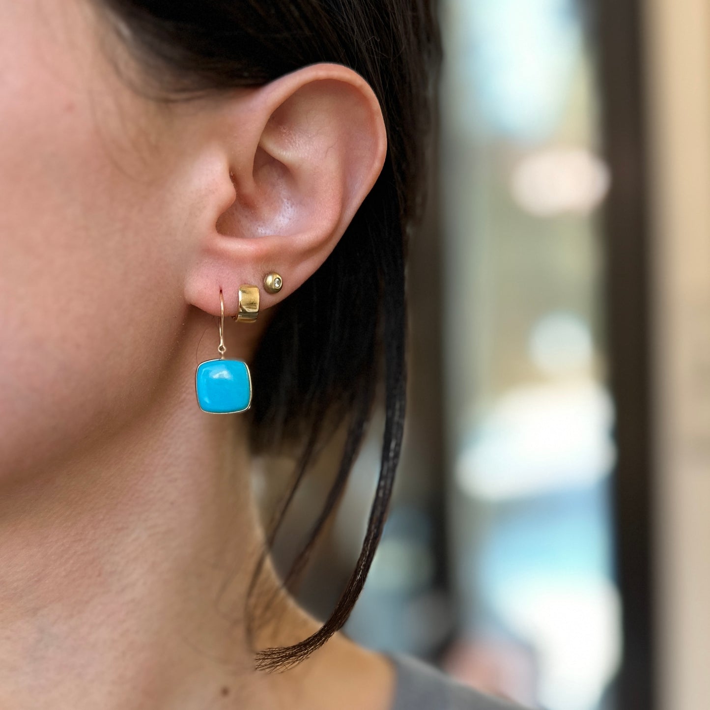 14KT Yellow Gold Cabochon Square Turquoise Bezel Wire Earrings - LSJ