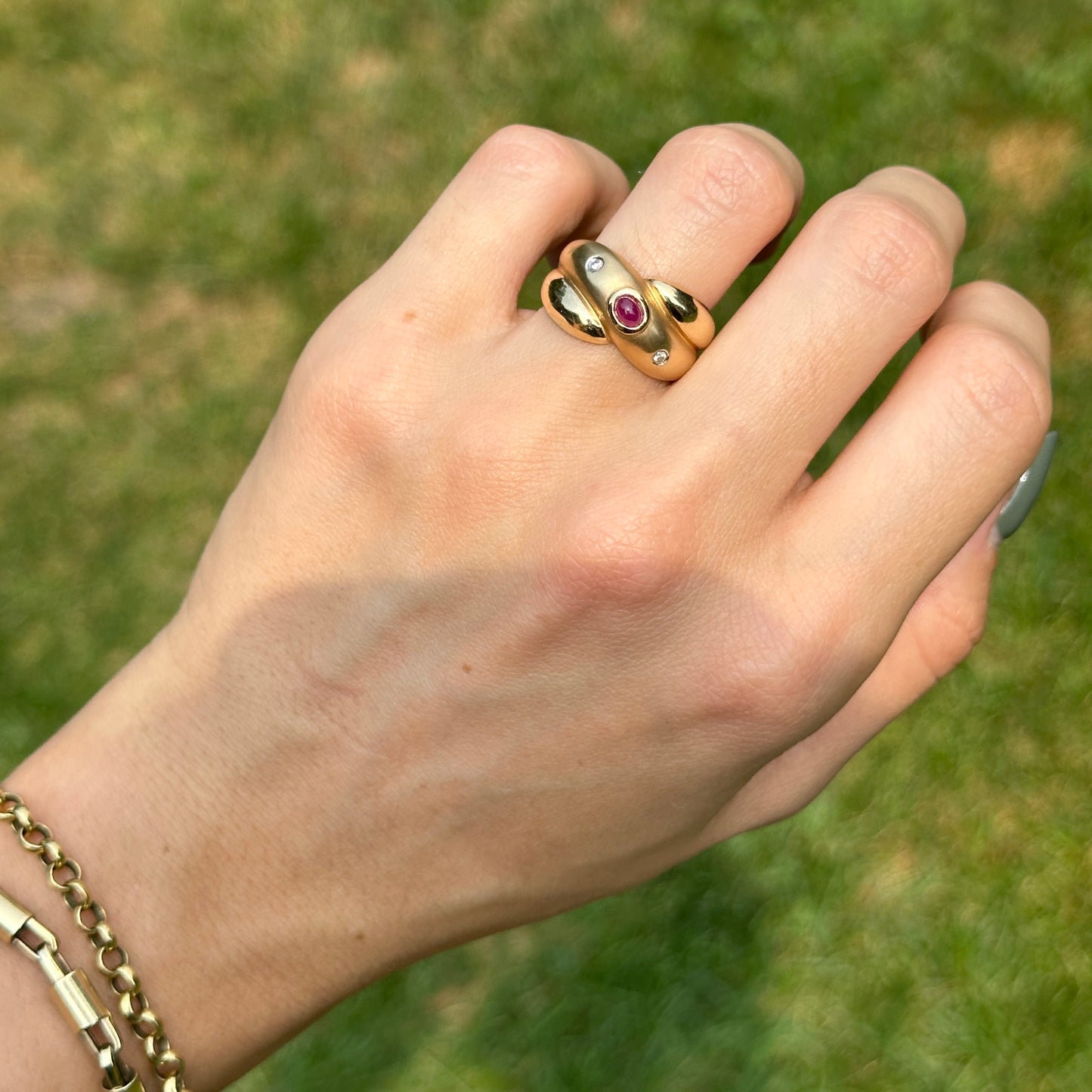 Estate 14KT Yellow Gold Oval Ruby + Diamond Matte Dome Ring