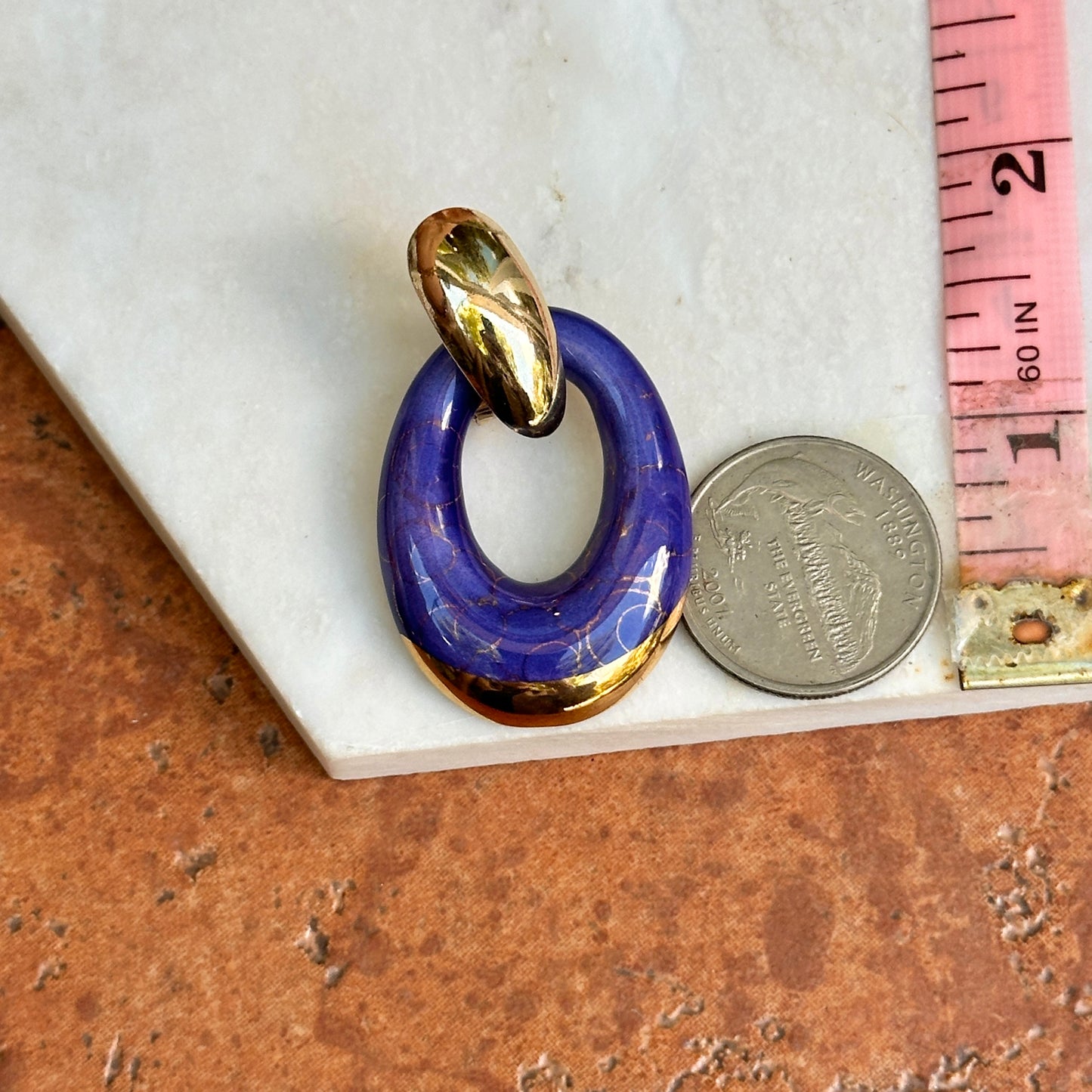 Yellow Gold Tone Pierced Omega Earrings + Oval Blue and Gold Enameled Charms