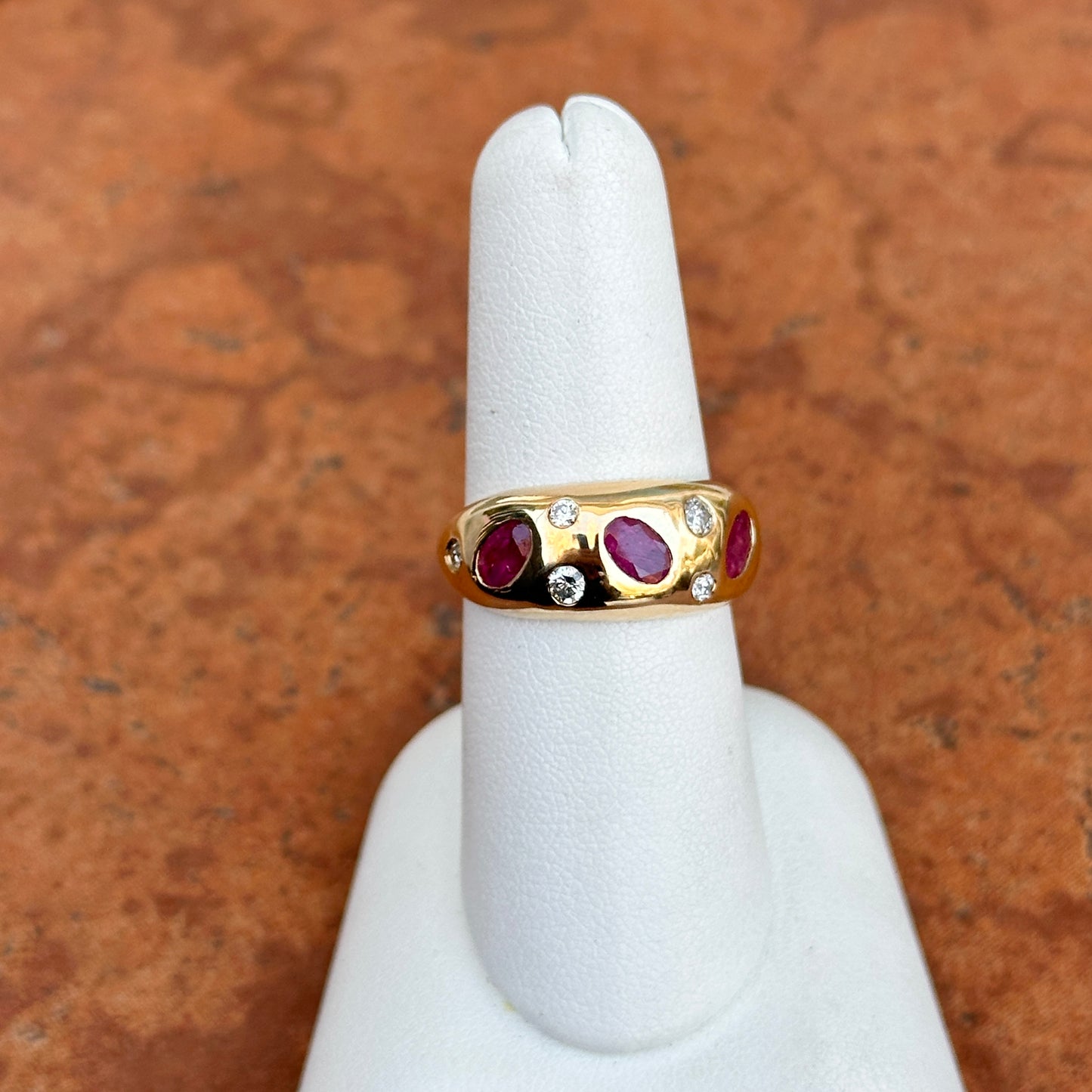 Estate 14KT Yellow Gold Rubies + Diamonds Gypsy Set Domed Band Ring - LSJ