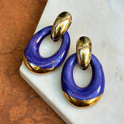 Yellow Gold Tone Pierced Omega Earrings + Oval Blue and Gold Enameled Charms