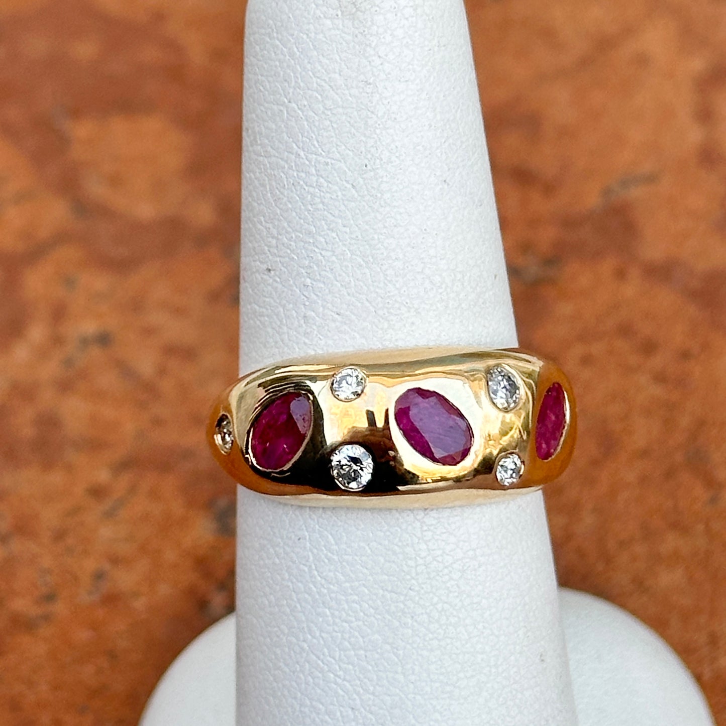 Estate 14KT Yellow Gold Rubies + Diamonds Gypsy Set Domed Band Ring - LSJ