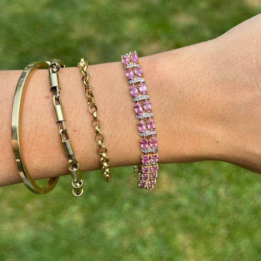Estate 14KT Yellow Gold Pink Sapphire + Diamond Tennis Bracelet