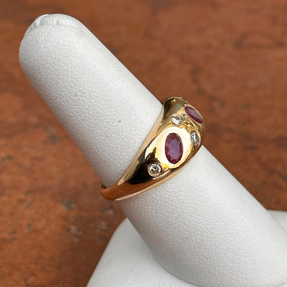 Estate 14KT Yellow Gold Rubies + Diamonds Gypsy Set Domed Band Ring - LSJ