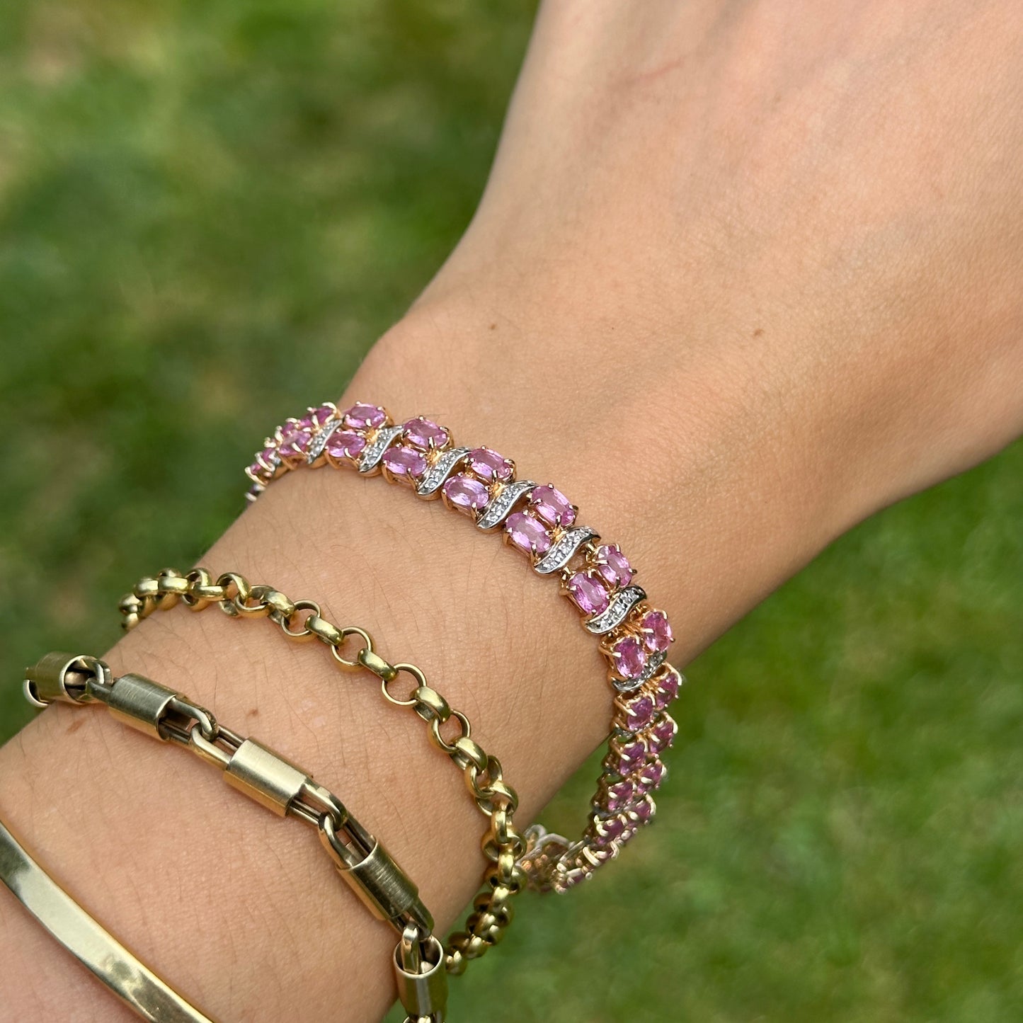Estate 14KT Yellow Gold Pink Sapphire + Diamond Tennis Bracelet