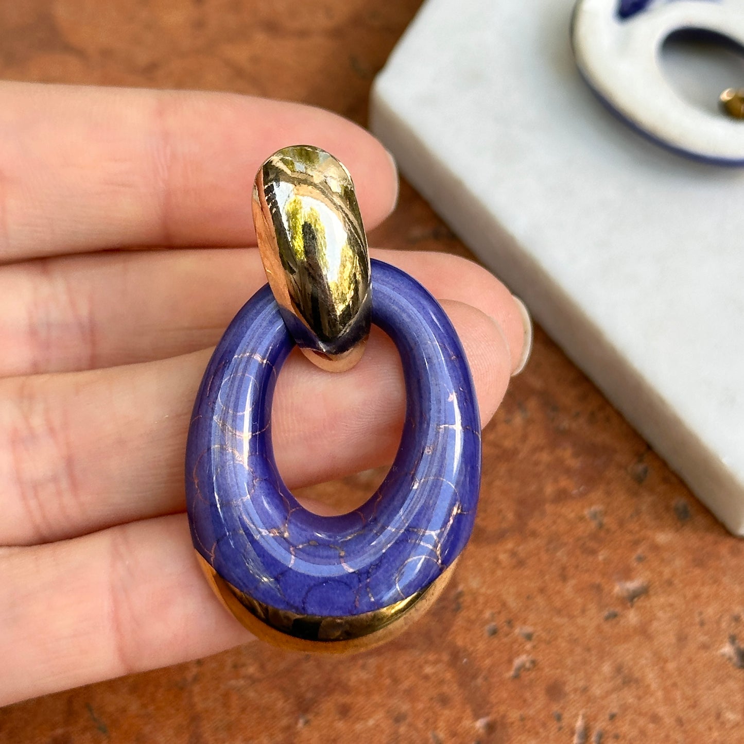 Yellow Gold Tone Pierced Omega Earrings + Oval Blue and Gold Enameled Charms