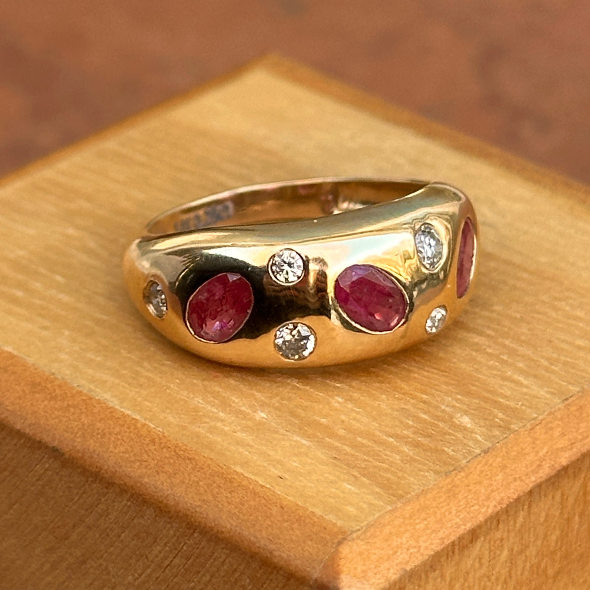 Estate 14KT Yellow Gold Rubies + Diamonds Gypsy Set Domed Band Ring - LSJ