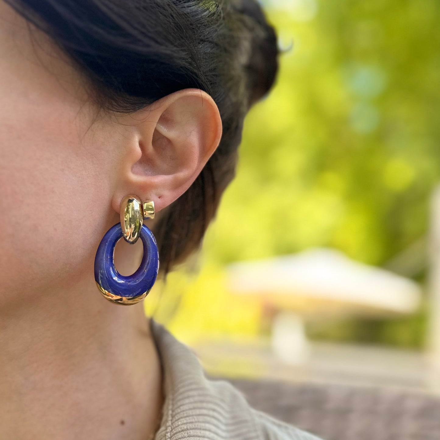 Yellow Gold Tone Pierced Omega Earrings + Oval Blue and Gold Enameled Charms