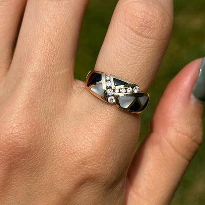 Estate 14KT Yellow Gold Mother of Pearl, Onyx, + Diamaond Ring