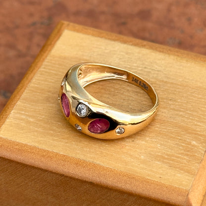 Estate 14KT Yellow Gold Rubies + Diamonds Gypsy Set Domed Band Ring - LSJ