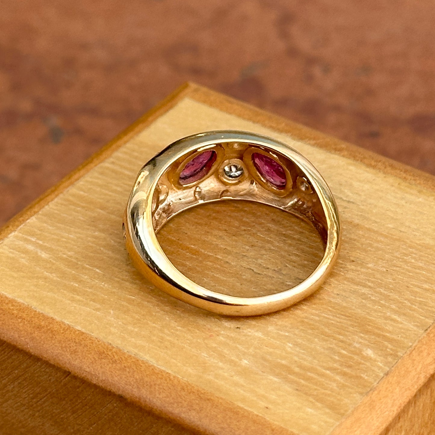 Estate 14KT Yellow Gold Rubies + Diamonds Gypsy Set Domed Band Ring - LSJ