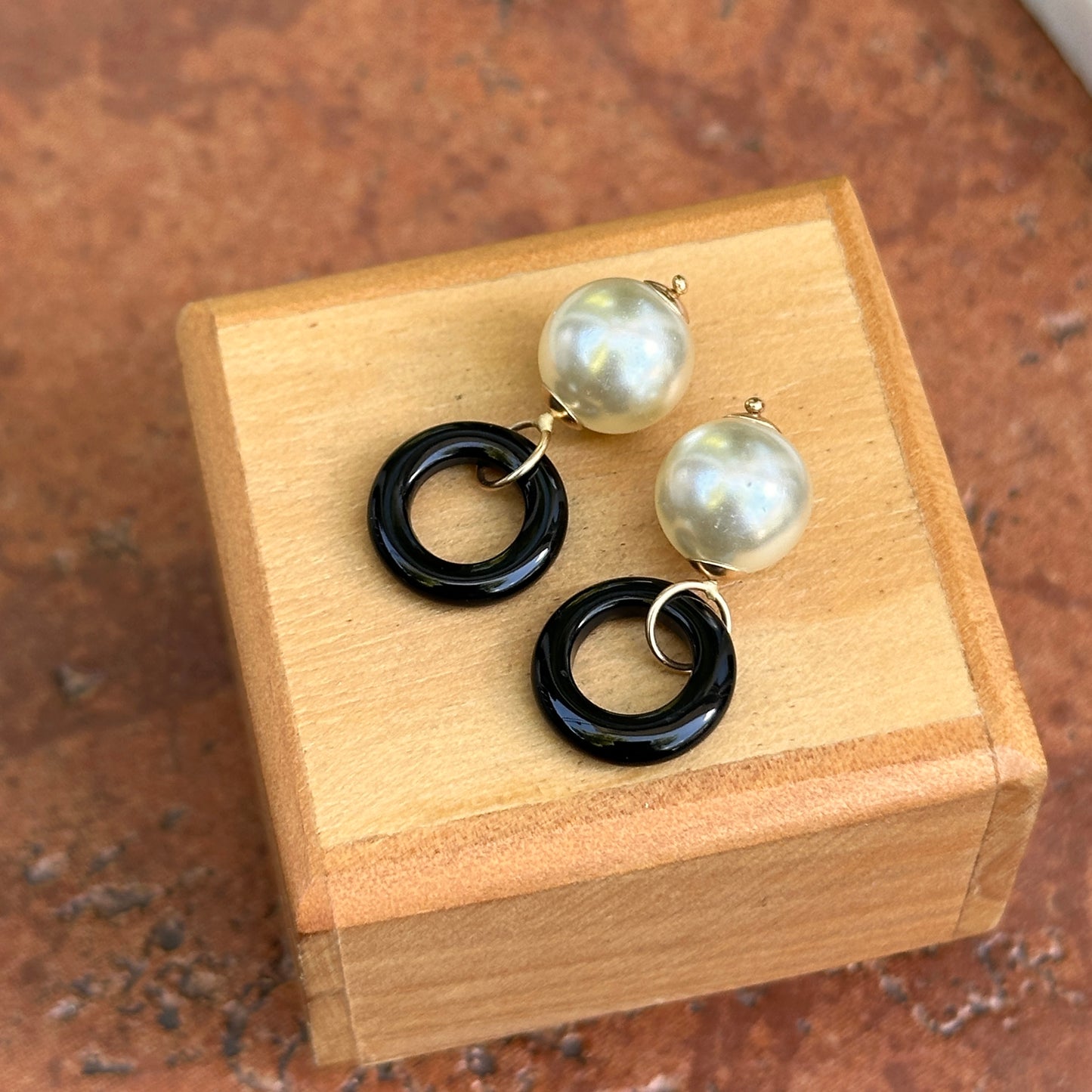 Estate Yellow Gold-Filled Circle Black Onyx + White Bead Earring Charms