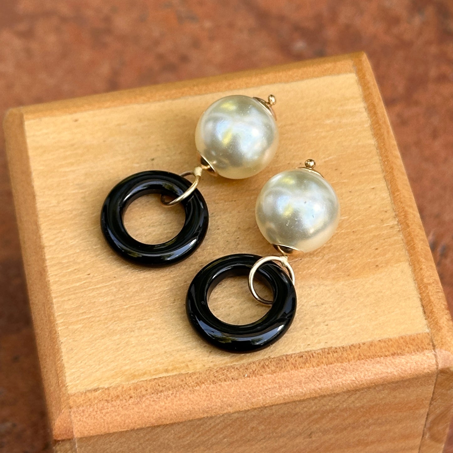 Estate Yellow Gold-Filled Circle Black Onyx + White Bead Earring Charms