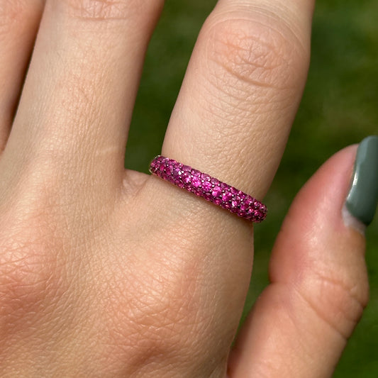 Estate 14KT Yellow Gold Pave Ruby Domed Band Ring