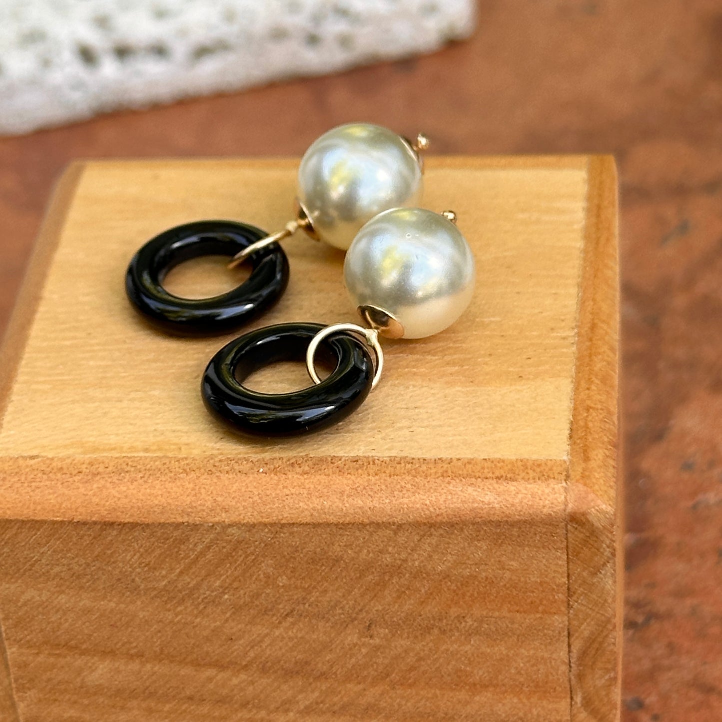 Estate Yellow Gold-Filled Circle Black Onyx + White Bead Earring Charms