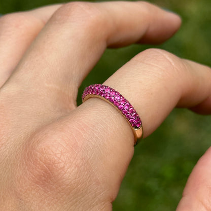 Estate 14KT Yellow Gold Pave Ruby Domed Band Ring