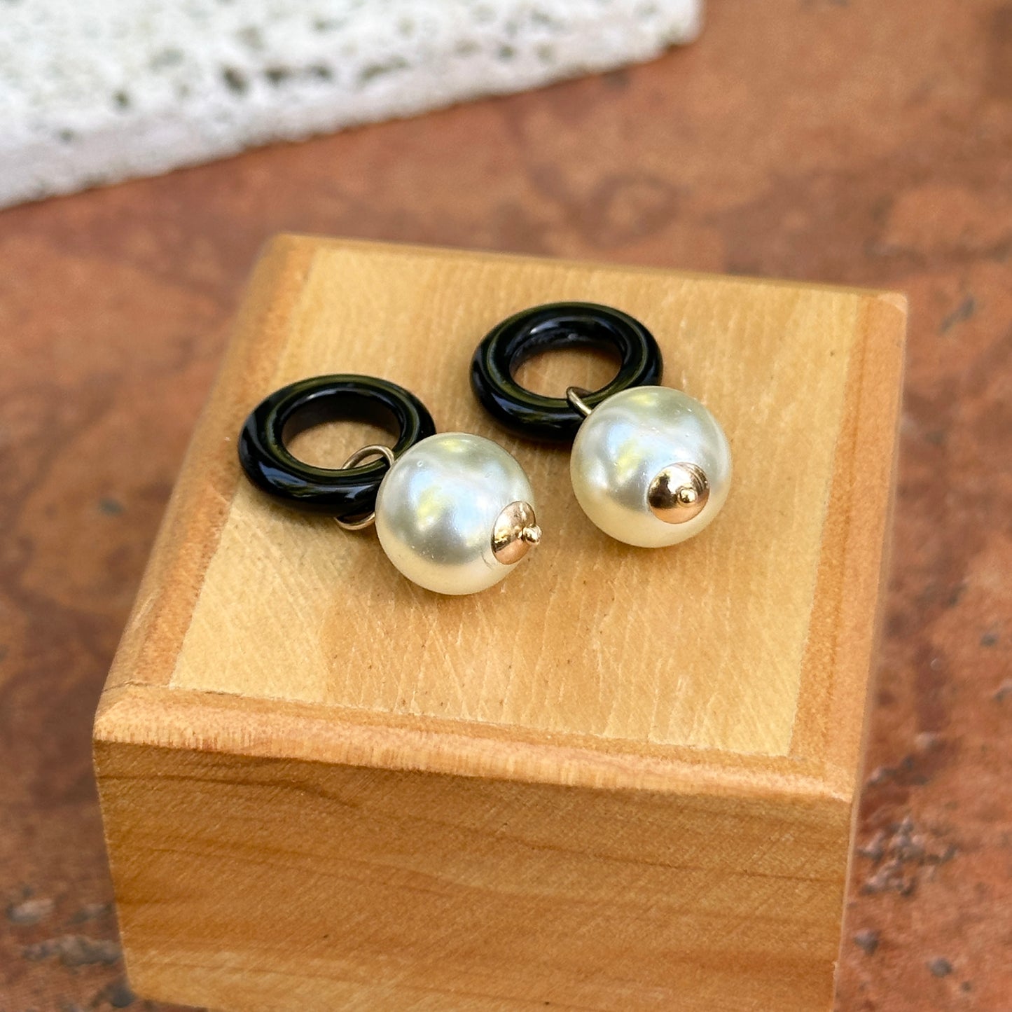 Estate Yellow Gold-Filled Circle Black Onyx + White Bead Earring Charms