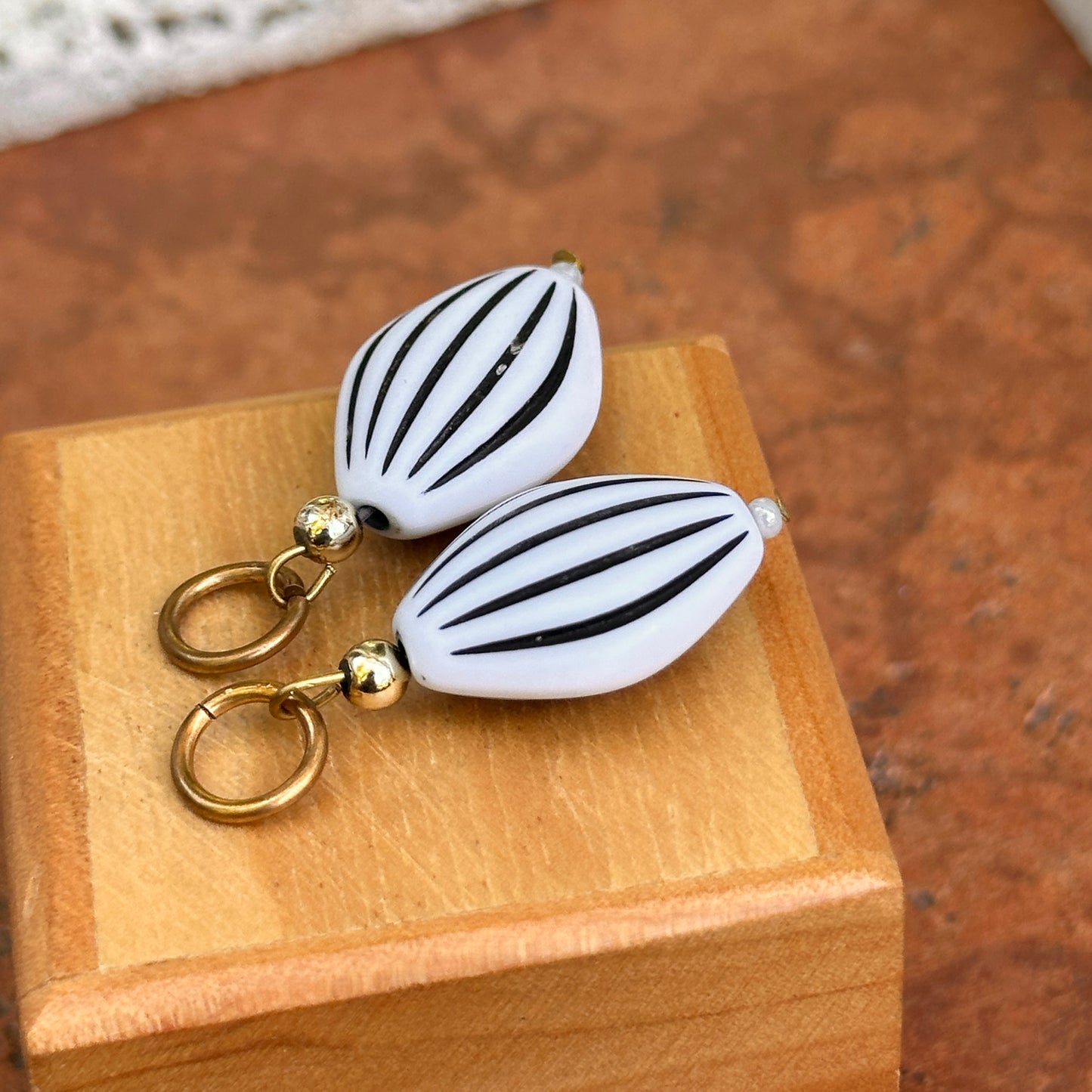 Estate Gold Filled Black & White Carved Pearl + Yellow Bead Charms