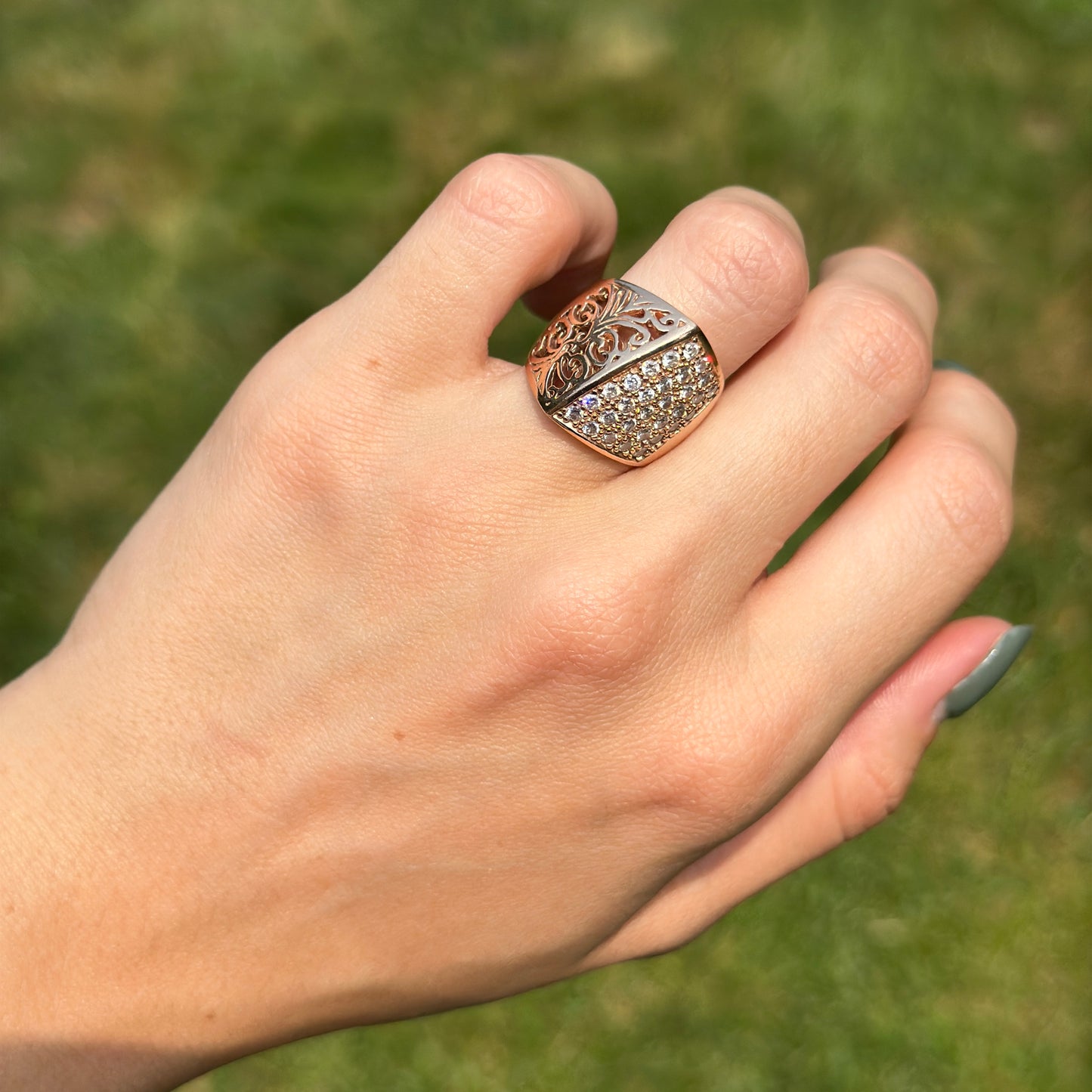Estate 14KT Rose Gold Diamond Angular Filigree Ring