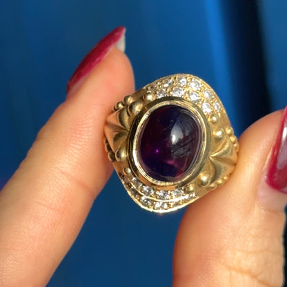 Estate Heavy 18KT Yellow Gold Bezel Cabochon Amethyst Diamond Byzantine Ring