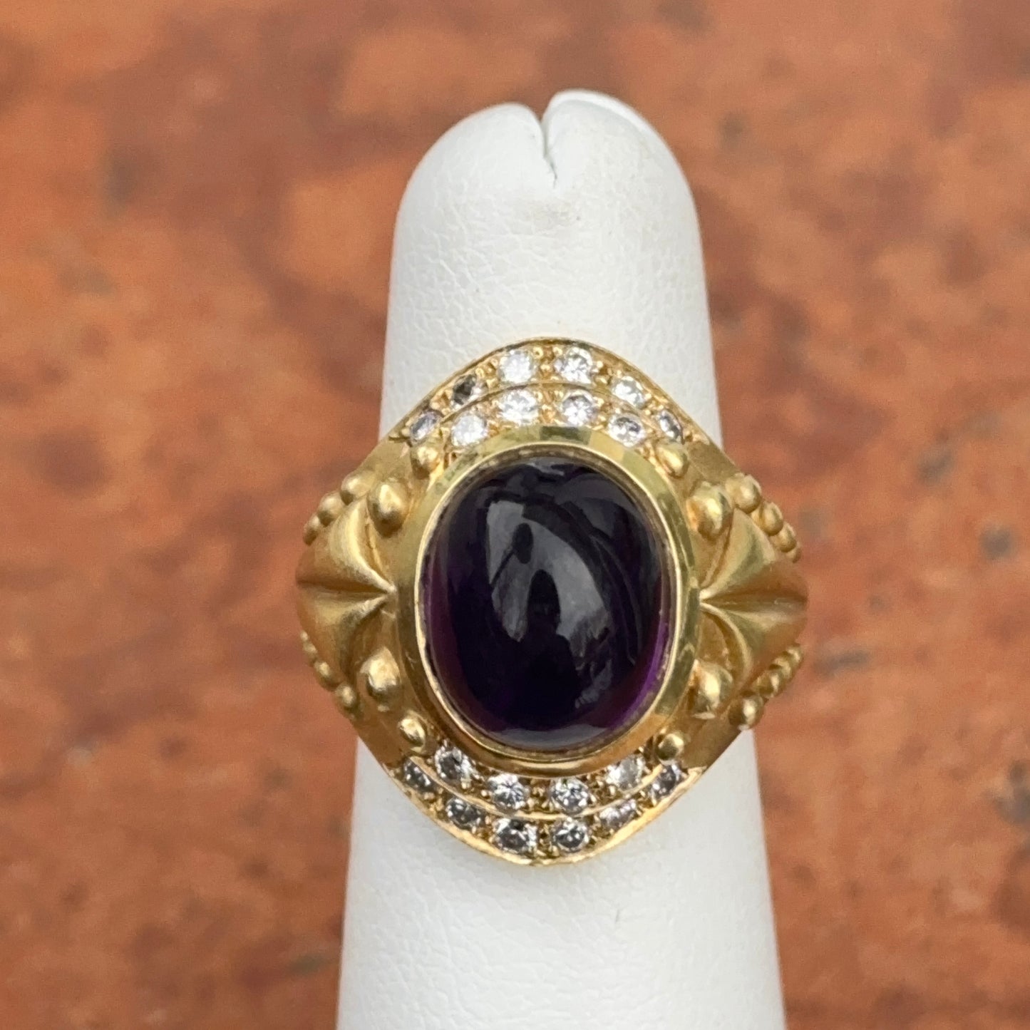 Estate Heavy 18KT Yellow Gold Bezel Cabochon Amethyst Diamond Byzantine Ring