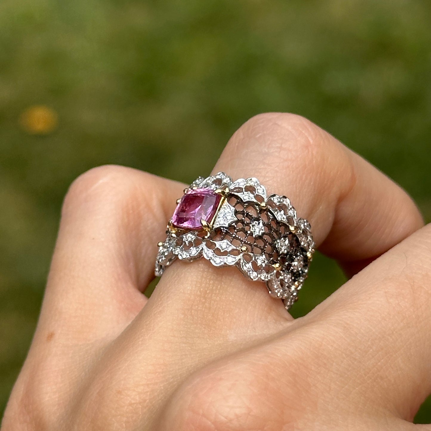 Estate 18KT White Gold Cushion Pink Sapphire + Diamond Filigree Ring
