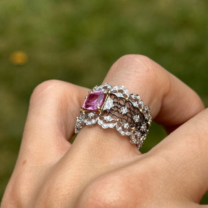 Estate 18KT White Gold Cushion Pink Sapphire + Diamond Filigree Ring